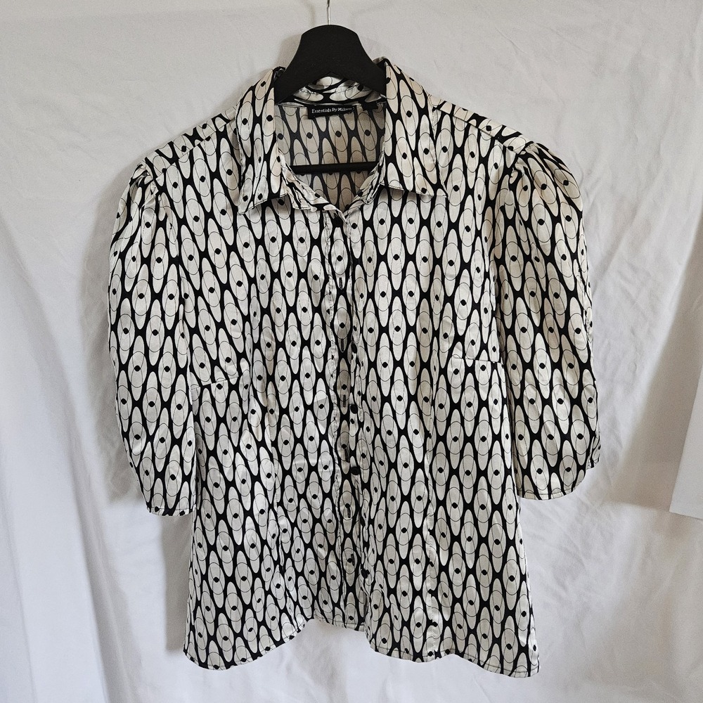 Essentials By Milano Womens Large Black White Geometric Print Puff Sleeve...